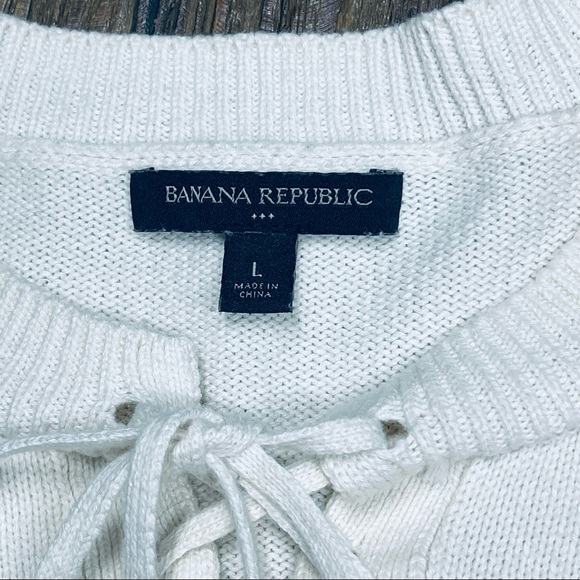 Banana Republic Ivory & Navy Stripe Nautical Lace Up Front Pullover Sweater L - Picture 3 of 9